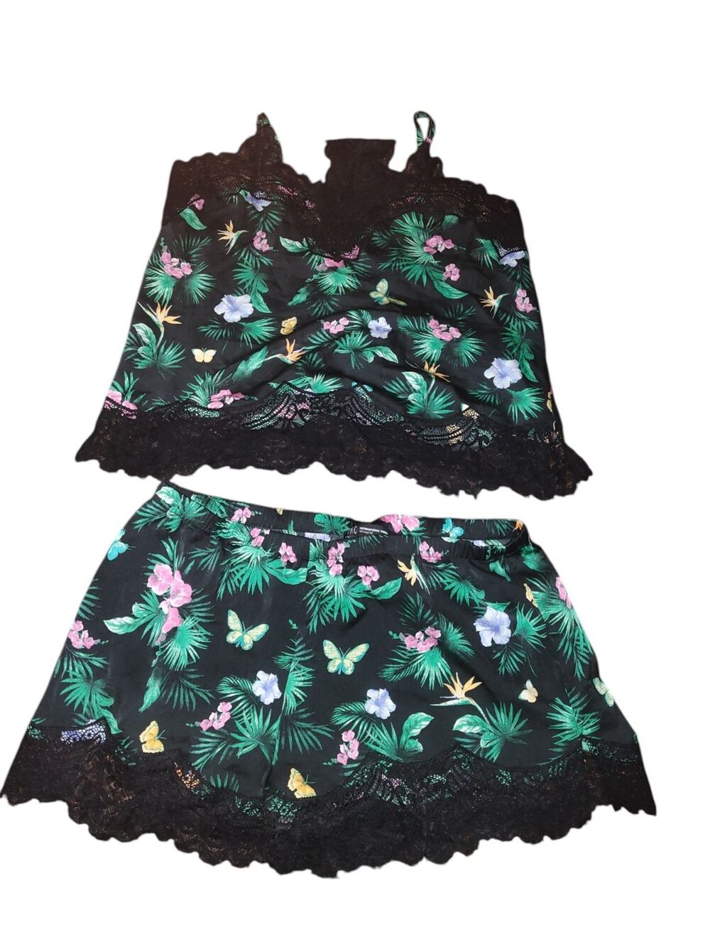 INC Womens Small Black Tropical Floral Satin Pajama Shorts Set 2PC Lace Cami